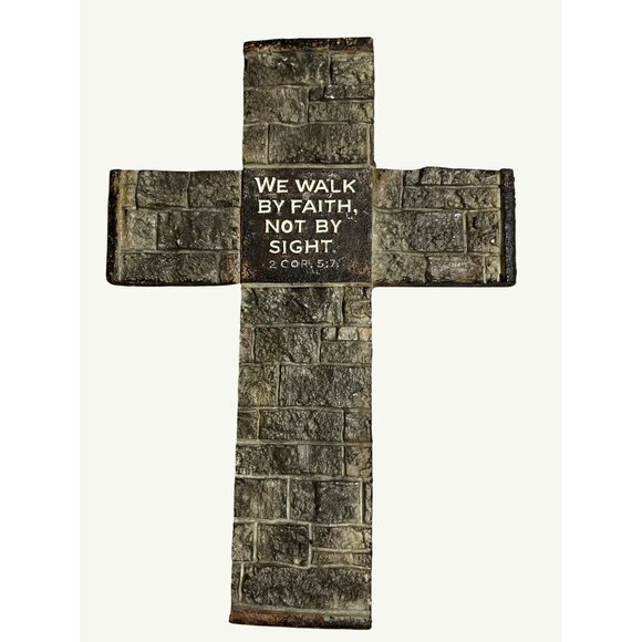 Decorative Stone-Look Cross Wall Hanging "We Walk By Faith Not By Sight" 2 Cor. - Picture 1 of 9